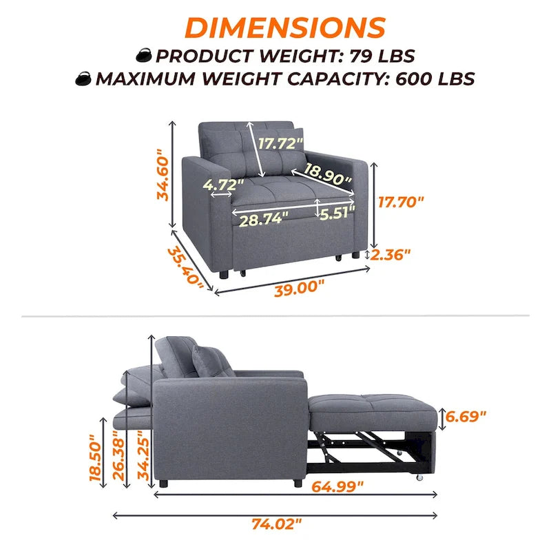 Fauteuil inclinable convertible 3 en 1, canapé-lit moderne et rembourré, fauteuil de salon pliable pour petits espaces