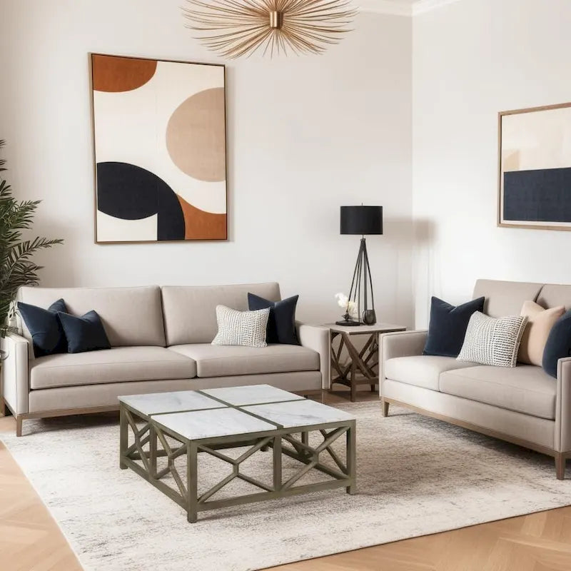 Agas Coffee Table, 40 Inch Square White Genuine Marble Top, Sandblasted Washed Ash Gray Mango Wood Geometric Frame