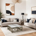 Agas Coffee Table, 40 Inch Square White Genuine Marble Top, Sandblasted Washed Ash Gray Mango Wood Geometric Frame