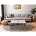 Table basse Agas, plateau carré de 101,6 cm en marbre blanc véritable, structure géométrique en bois de manguier gris frêne lavé et sablé