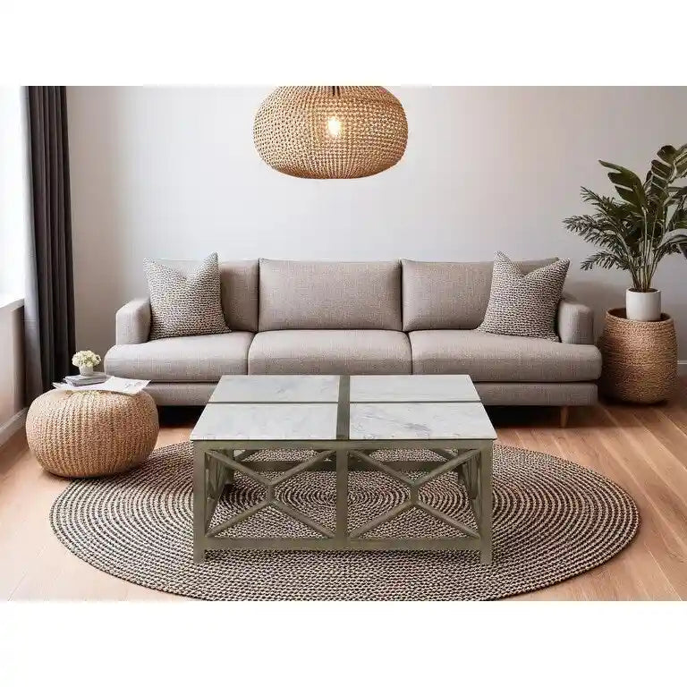 Table basse Agas, plateau carré de 101,6 cm en marbre blanc véritable, structure géométrique en bois de manguier gris frêne lavé et sablé