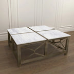 Table basse Agas, plateau carré de 101,6 cm en marbre blanc véritable, structure géométrique en bois de manguier gris frêne lavé et sablé