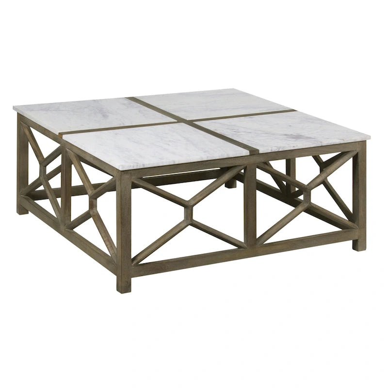 Table basse Agas, plateau carré de 101,6 cm en marbre blanc véritable, structure géométrique en bois de manguier gris frêne lavé et sablé