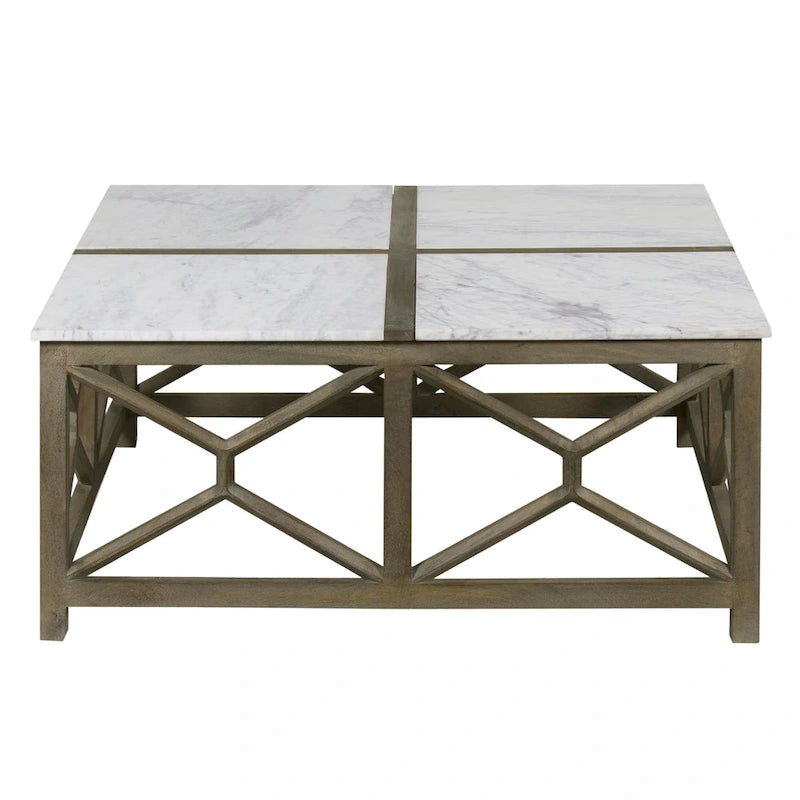 Table basse Agas, plateau carré de 101,6 cm en marbre blanc véritable, structure géométrique en bois de manguier gris frêne lavé et sablé