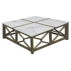 Table basse Agas, plateau carré de 101,6 cm en marbre blanc véritable, structure géométrique en bois de manguier gris frêne lavé et sablé