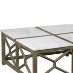 Table basse Agas, plateau carré de 101,6 cm en marbre blanc véritable, structure géométrique en bois de manguier gris frêne lavé et sablé