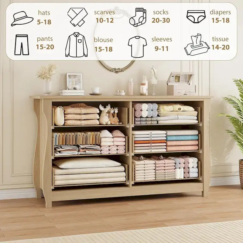 Commode naturelle à 6 tiroirs pour salon, chambre, entrée