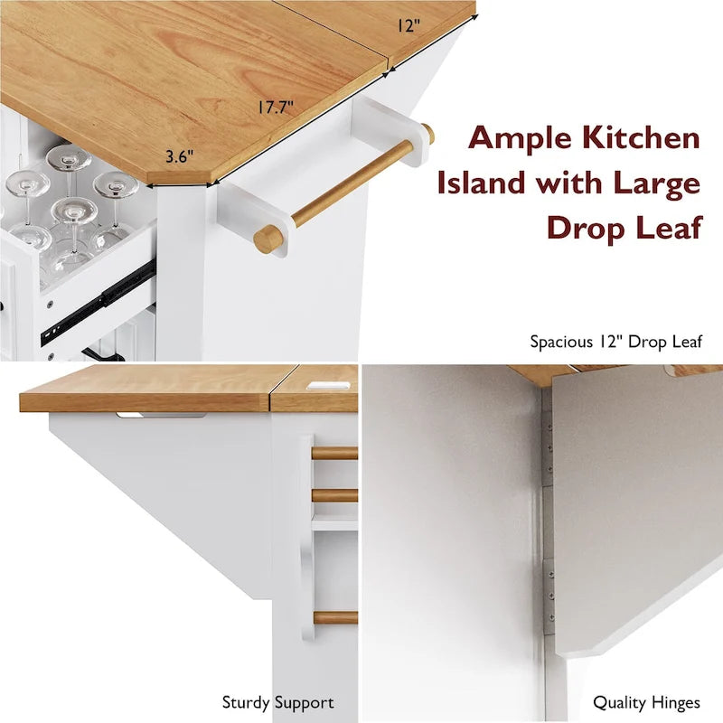 Îlot de cuisine de 56 pouces avec plateau rabattable en placage de bois d'hévéa (tabouret non inclus)