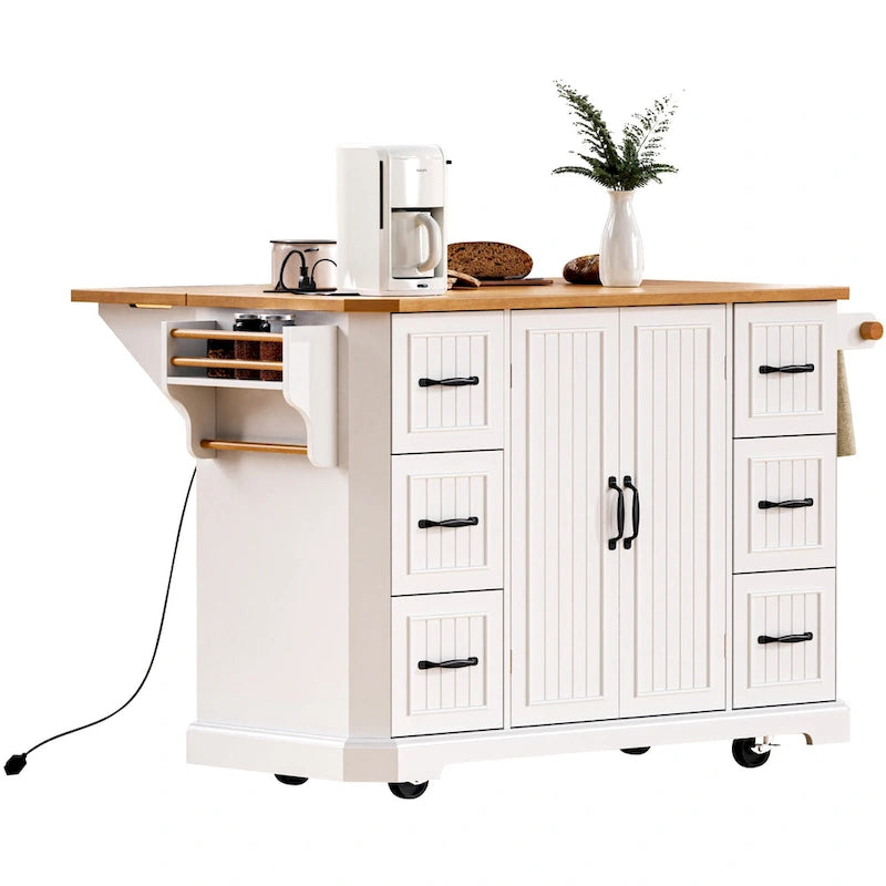 Îlot de cuisine de 56 pouces avec plateau rabattable en placage de bois d'hévéa (tabouret non inclus)