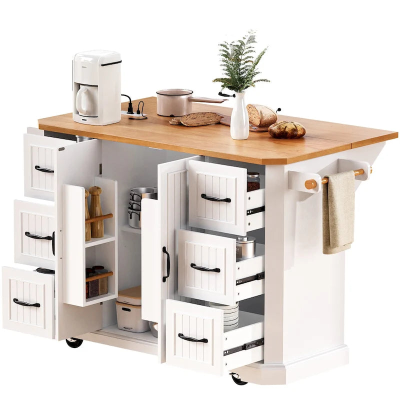 Îlot de cuisine de 56 pouces avec plateau rabattable en placage de bois d'hévéa (tabouret non inclus)