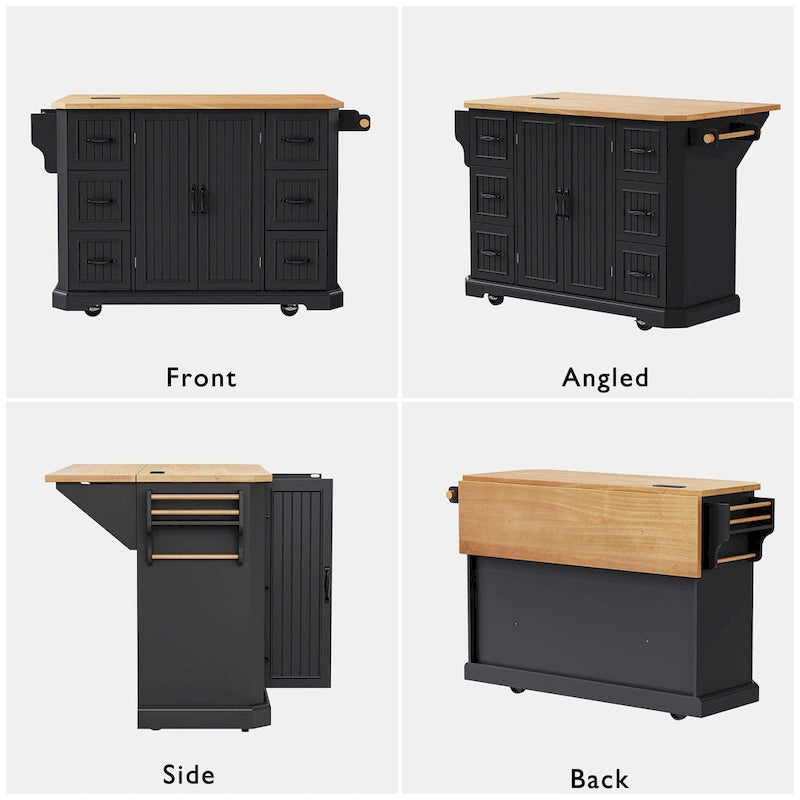 Îlot de cuisine de 56 pouces avec plateau rabattable en placage de bois d'hévéa (tabouret non inclus)