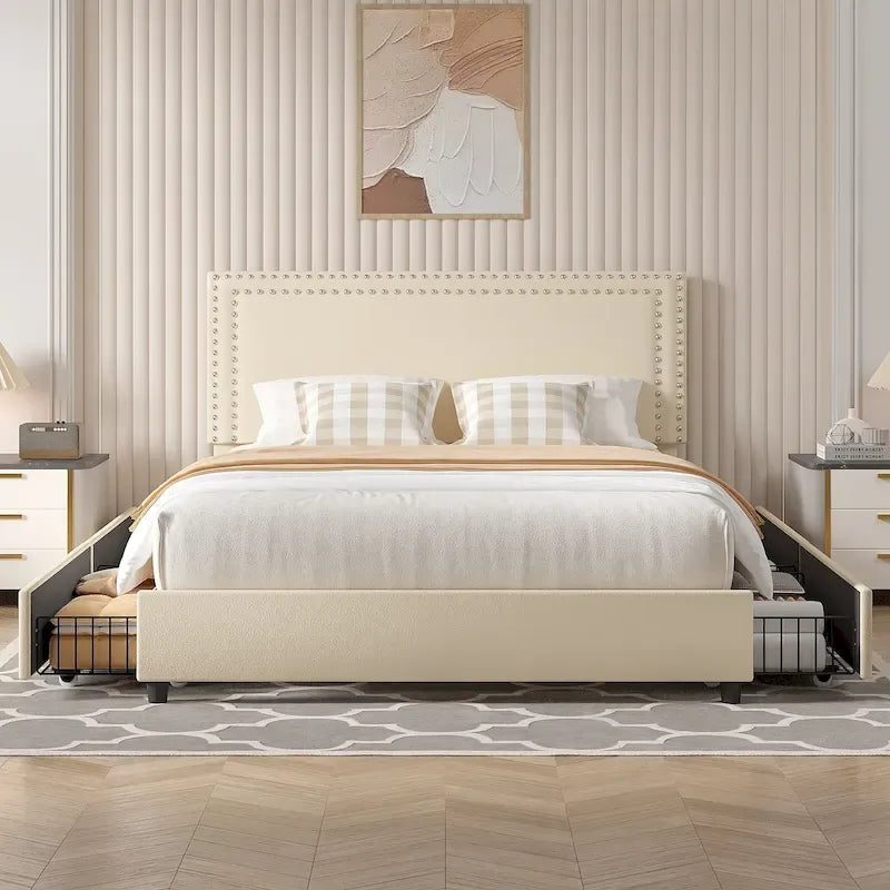 Cadres de lit coffre rembourrés VECELO avec 4 tiroirs de rangement, cadre de lit plateforme avec tête de lit réglable en velours à rivets.