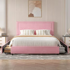 Cadres de lit coffre rembourrés VECELO avec 4 tiroirs de rangement, cadre de lit plateforme avec tête de lit réglable en velours à rivets.