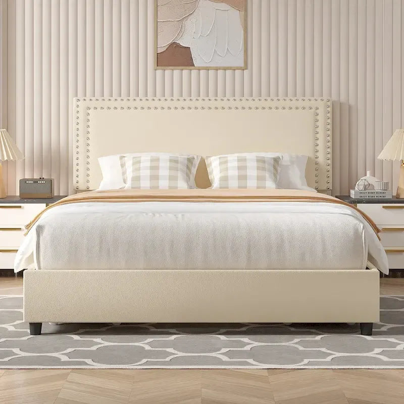 VECELO Upholstered Storage Bed Frames with 4 Storage Drawers, Platform Bed Frame with Adjustable Velvet Rivets Headboard