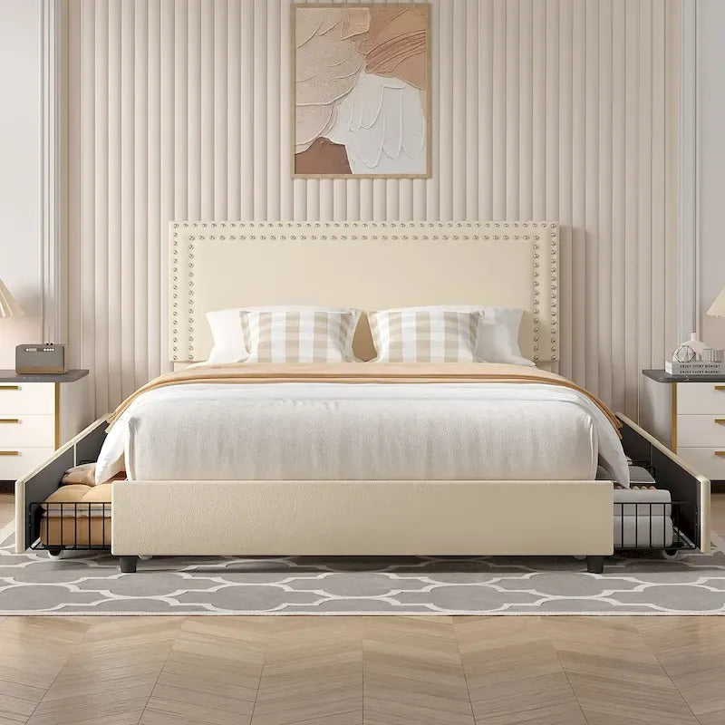 Cadres de lit coffre rembourrés VECELO avec 4 tiroirs de rangement, cadre de lit plateforme avec tête de lit réglable en velours à rivets.