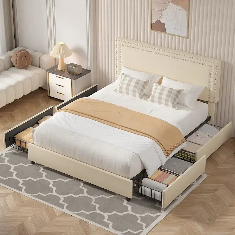 Cadres de lit coffre rembourrés VECELO avec 4 tiroirs de rangement, cadre de lit plateforme avec tête de lit réglable en velours à rivets.