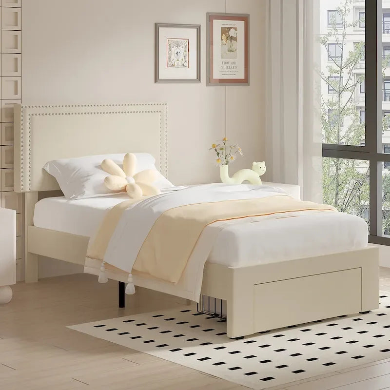 Cadres de lit coffre rembourrés VECELO avec 4 tiroirs de rangement, cadre de lit plateforme avec tête de lit réglable en velours à rivets.
