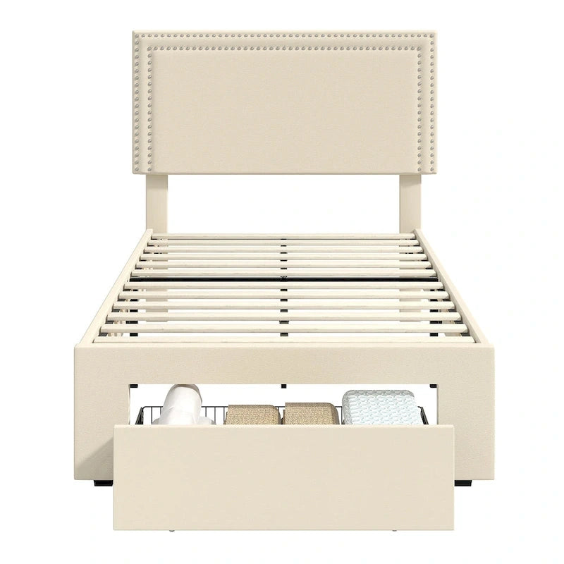 Cadres de lit coffre rembourrés VECELO avec 4 tiroirs de rangement, cadre de lit plateforme avec tête de lit réglable en velours à rivets.