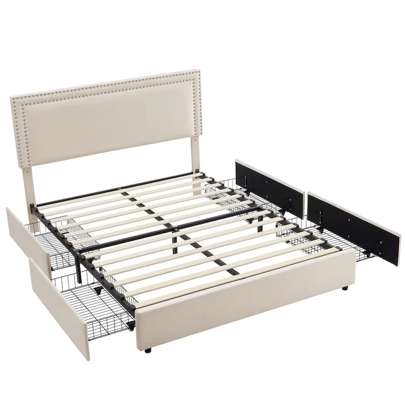 Cadres de lit coffre rembourrés VECELO avec 4 tiroirs de rangement, cadre de lit plateforme avec tête de lit réglable en velours à rivets.