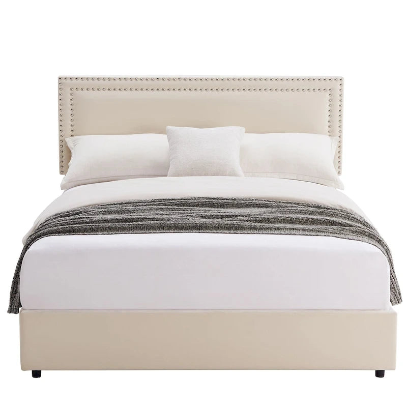 Cadres de lit coffre rembourrés VECELO avec 4 tiroirs de rangement, cadre de lit plateforme avec tête de lit réglable en velours à rivets.