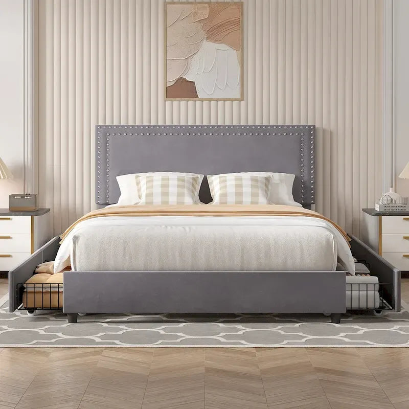 Cadres de lit coffre rembourrés VECELO avec 4 tiroirs de rangement, cadre de lit plateforme avec tête de lit réglable en velours à rivets.