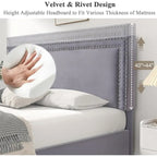 Cadres de lit coffre rembourrés VECELO avec 4 tiroirs de rangement, cadre de lit plateforme avec tête de lit réglable en velours à rivets.