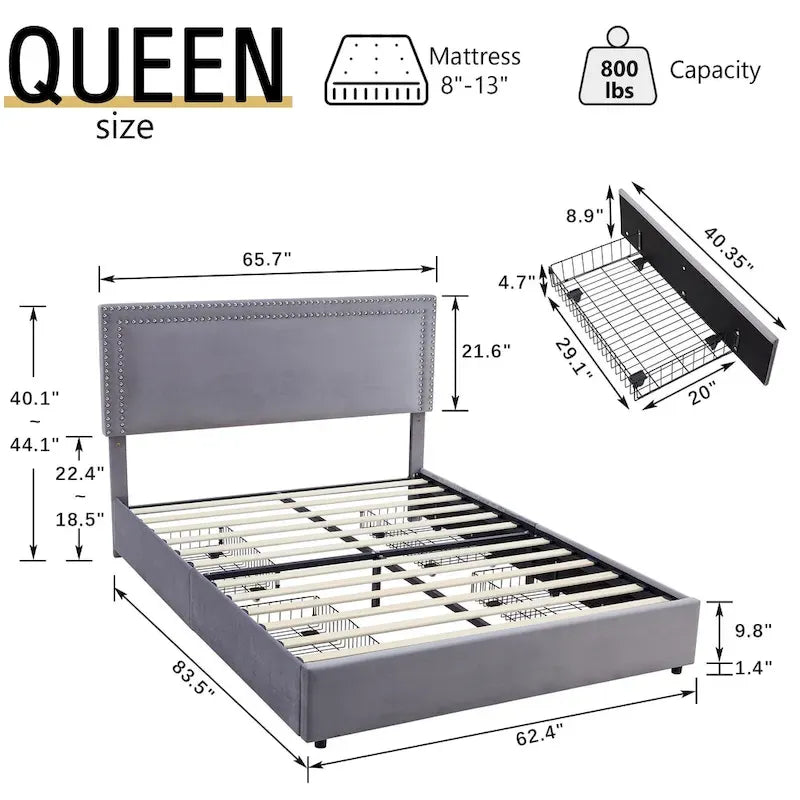 Cadres de lit coffre rembourrés VECELO avec 4 tiroirs de rangement, cadre de lit plateforme avec tête de lit réglable en velours à rivets.