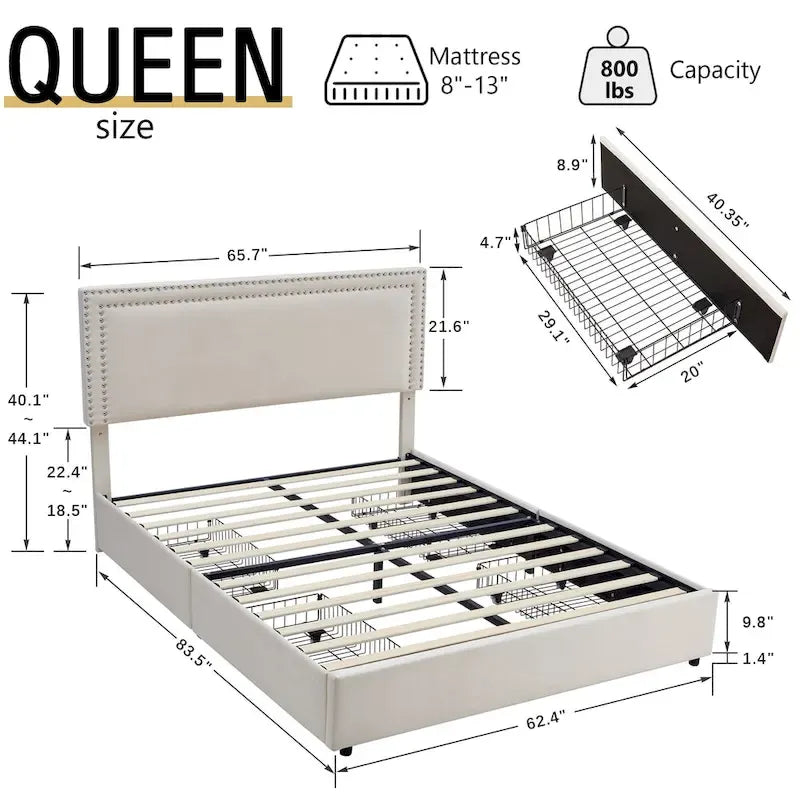 Cadres de lit coffre rembourrés VECELO avec 4 tiroirs de rangement, cadre de lit plateforme avec tête de lit réglable en velours à rivets.