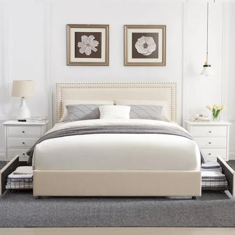 Cadres de lit coffre rembourrés VECELO avec 4 tiroirs de rangement, cadre de lit plateforme avec tête de lit réglable en velours à rivets.