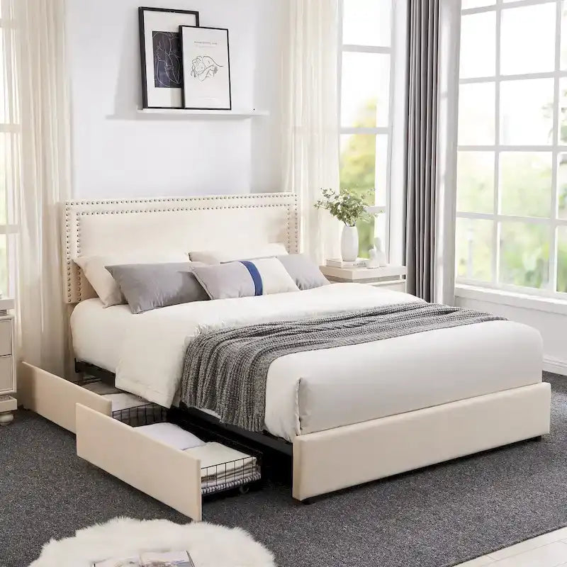 Cadres de lit coffre rembourrés VECELO avec 4 tiroirs de rangement, cadre de lit plateforme avec tête de lit réglable en velours à rivets.