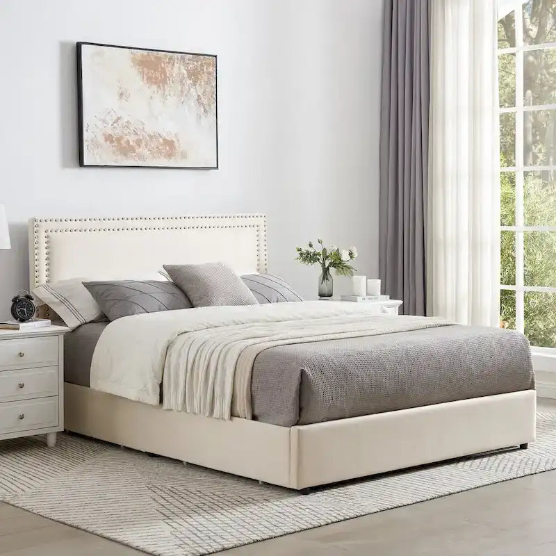Cadres de lit coffre rembourrés VECELO avec 4 tiroirs de rangement, cadre de lit plateforme avec tête de lit réglable en velours à rivets.