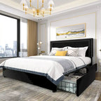 Cadres de lit coffre rembourrés VECELO avec 4 tiroirs de rangement, cadre de lit plateforme avec tête de lit réglable en velours à rivets.