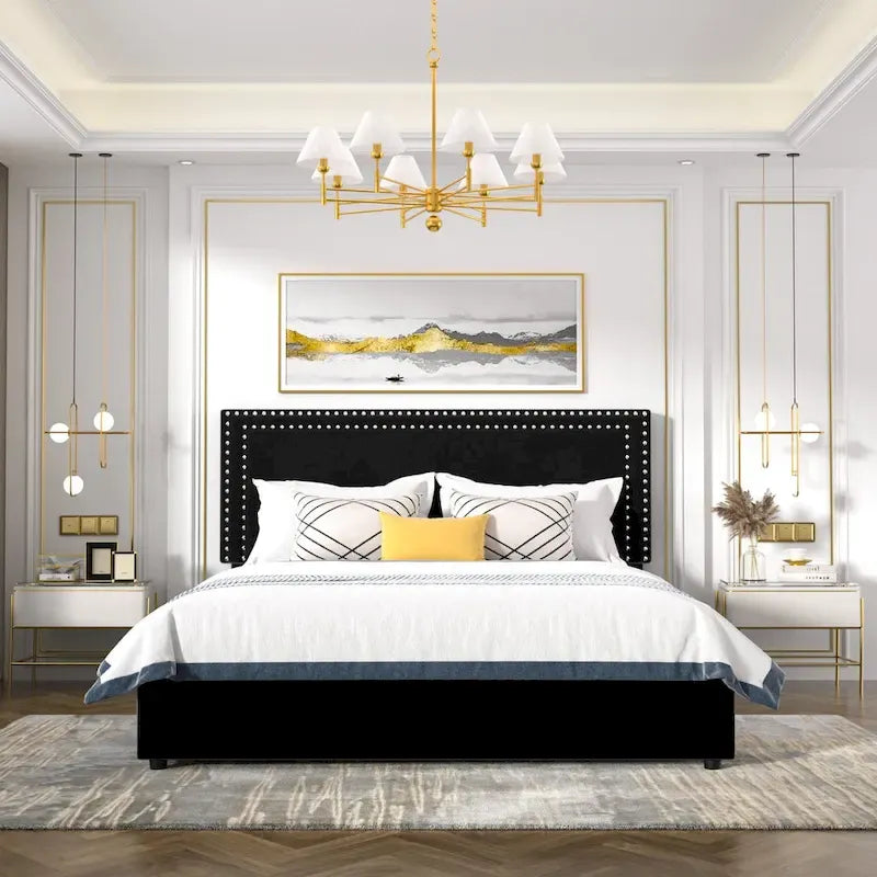 Cadres de lit coffre rembourrés VECELO avec 4 tiroirs de rangement, cadre de lit plateforme avec tête de lit réglable en velours à rivets.