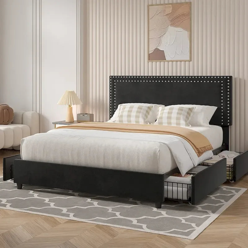 Cadres de lit coffre rembourrés VECELO avec 4 tiroirs de rangement, cadre de lit plateforme avec tête de lit réglable en velours à rivets.