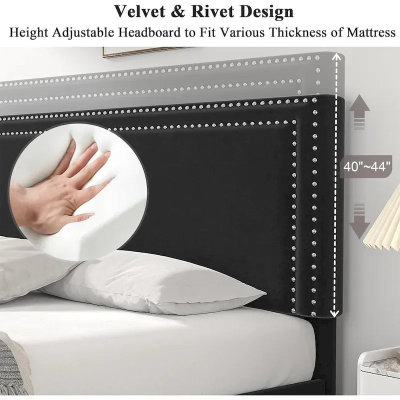 Cadres de lit coffre rembourrés VECELO avec 4 tiroirs de rangement, cadre de lit plateforme avec tête de lit réglable en velours à rivets.