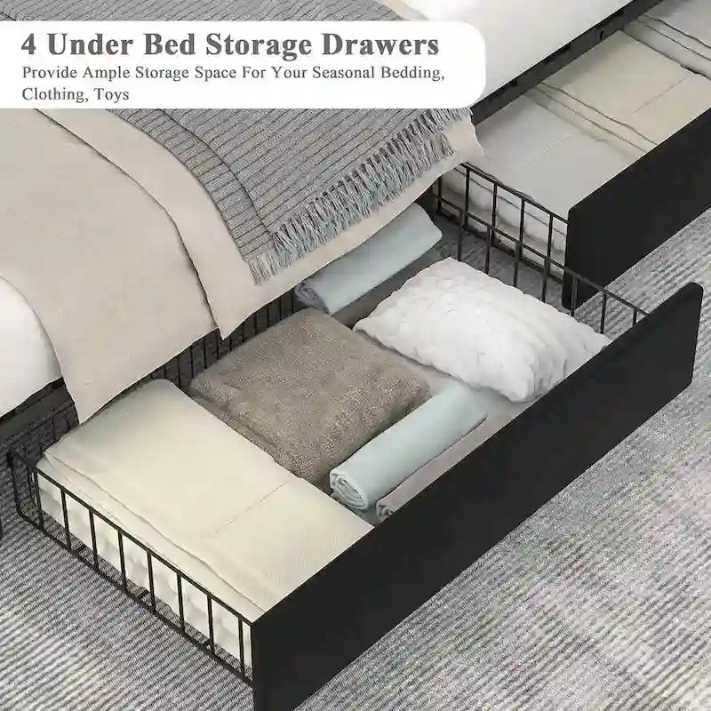 Cadres de lit coffre rembourrés VECELO avec 4 tiroirs de rangement, cadre de lit plateforme avec tête de lit réglable en velours à rivets.