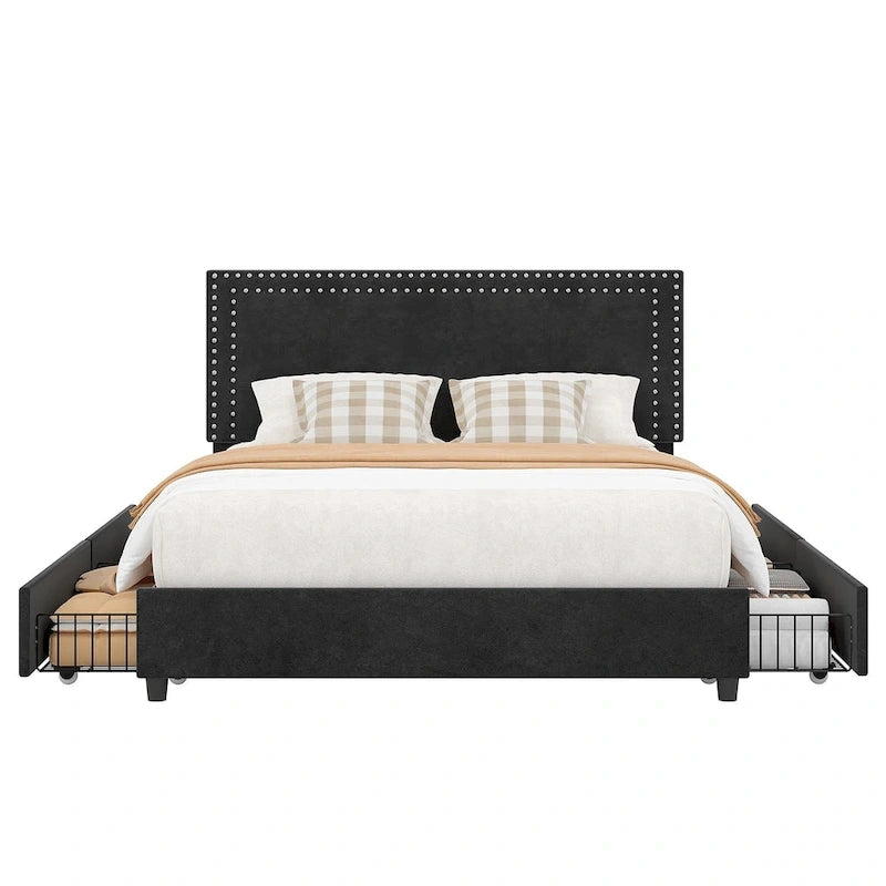Cadres de lit coffre rembourrés VECELO avec 4 tiroirs de rangement, cadre de lit plateforme avec tête de lit réglable en velours à rivets.