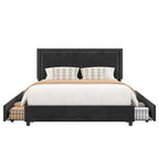 Cadres de lit coffre rembourrés VECELO avec 4 tiroirs de rangement, cadre de lit plateforme avec tête de lit réglable en velours à rivets.