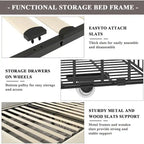 Cadres de lit coffre rembourrés VECELO avec 4 tiroirs de rangement, cadre de lit plateforme avec tête de lit réglable en velours à rivets.