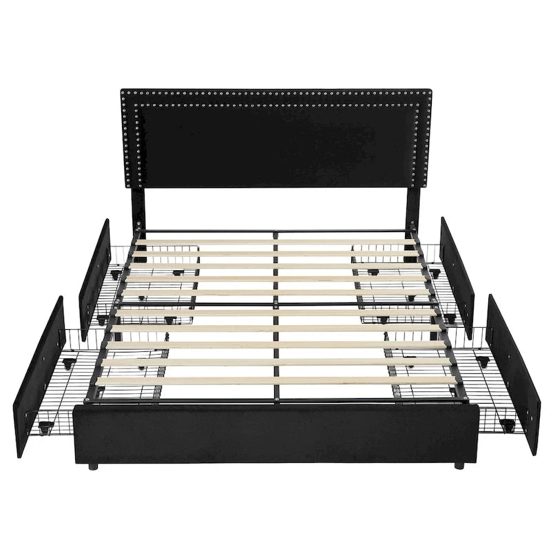 Cadres de lit coffre rembourrés VECELO avec 4 tiroirs de rangement, cadre de lit plateforme avec tête de lit réglable en velours à rivets.