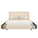 Cadres de lit coffre rembourrés VECELO avec 4 tiroirs de rangement, cadre de lit plateforme avec tête de lit réglable en velours à rivets.