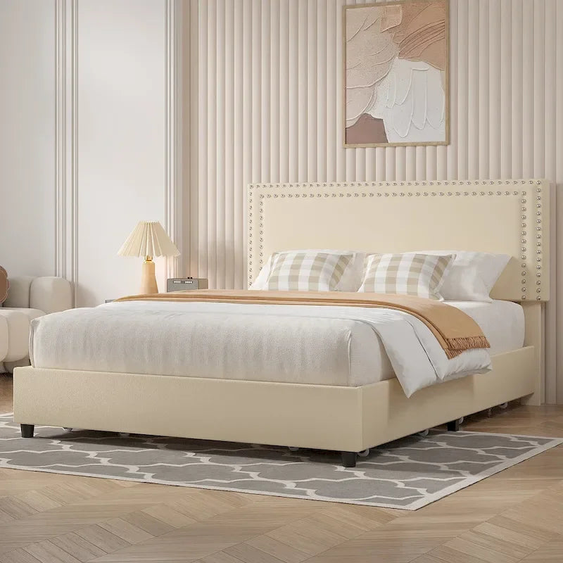 Cadres de lit coffre rembourrés VECELO avec 4 tiroirs de rangement, cadre de lit plateforme avec tête de lit réglable en velours à rivets.