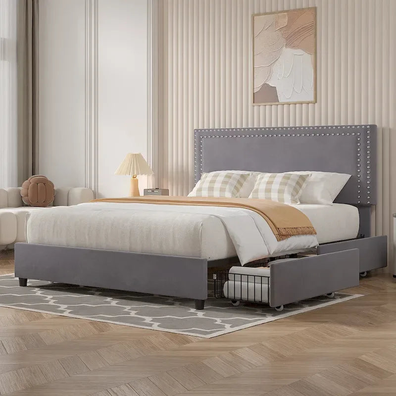 Cadres de lit coffre rembourrés VECELO avec 4 tiroirs de rangement, cadre de lit plateforme avec tête de lit réglable en velours à rivets.