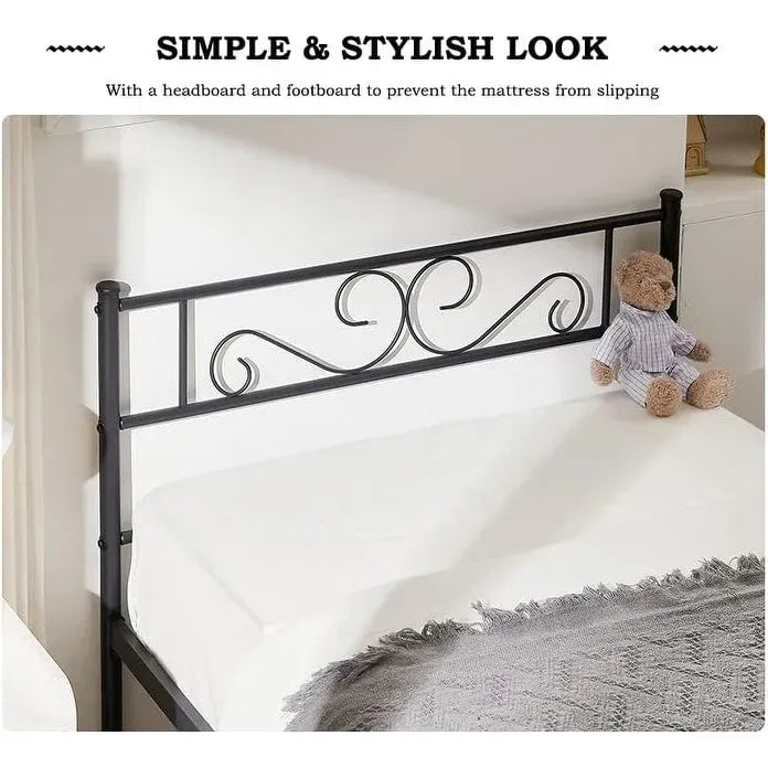 Cadre de lit plateforme moderne avec tête de lit haut de gamme à volutes élégantes - Dimensions : Simple/Double/Queen