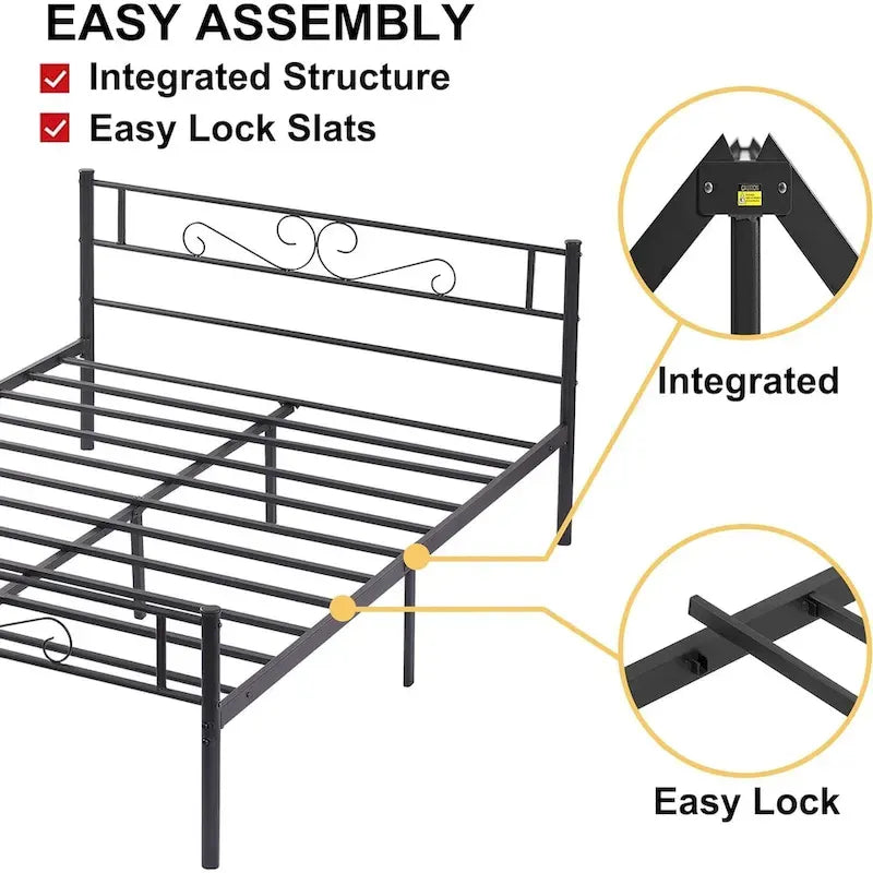 Cadre de lit plateforme moderne avec tête de lit haut de gamme à volutes élégantes - Dimensions : Simple/Double/Queen