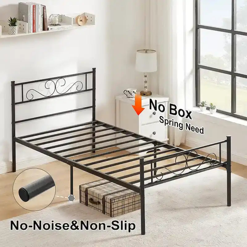 Cadre de lit plateforme moderne avec tête de lit haut de gamme à volutes élégantes - Dimensions : Simple/Double/Queen