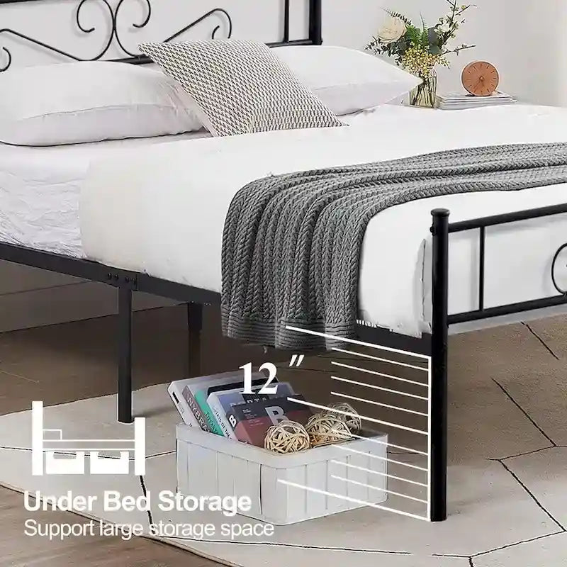 Cadre de lit plateforme moderne avec tête de lit haut de gamme à volutes élégantes - Dimensions : Simple/Double/Queen