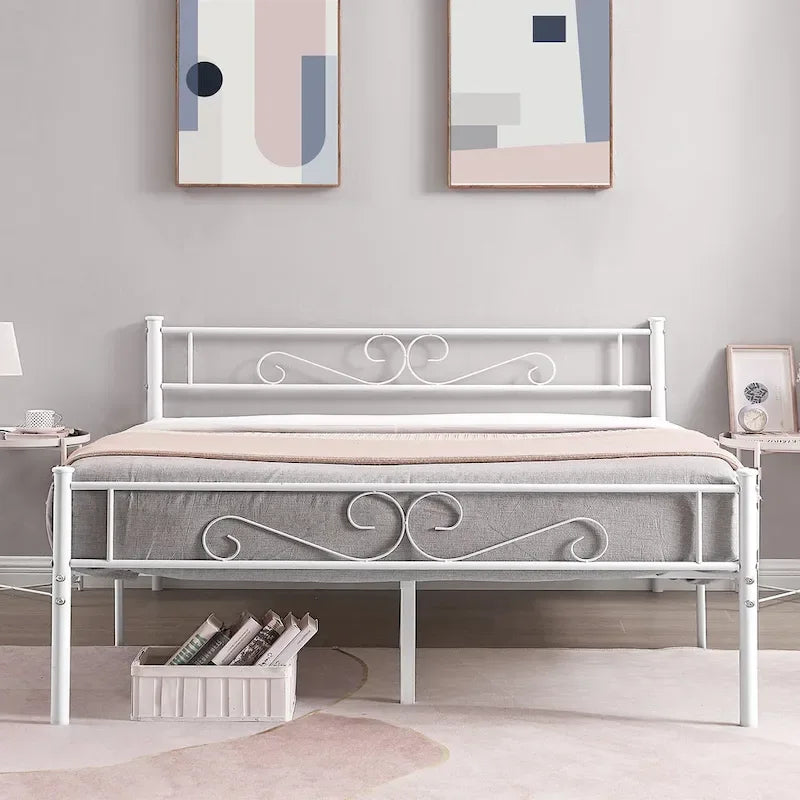 Cadre de lit plateforme moderne avec tête de lit haut de gamme à volutes élégantes - Dimensions : Simple/Double/Queen