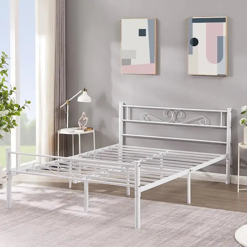 Cadre de lit plateforme moderne avec tête de lit haut de gamme à volutes élégantes - Dimensions : Simple/Double/Queen