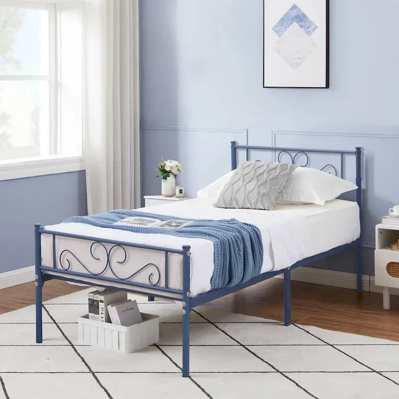 Cadre de lit plateforme moderne avec tête de lit haut de gamme à volutes élégantes - Dimensions : Simple/Double/Queen